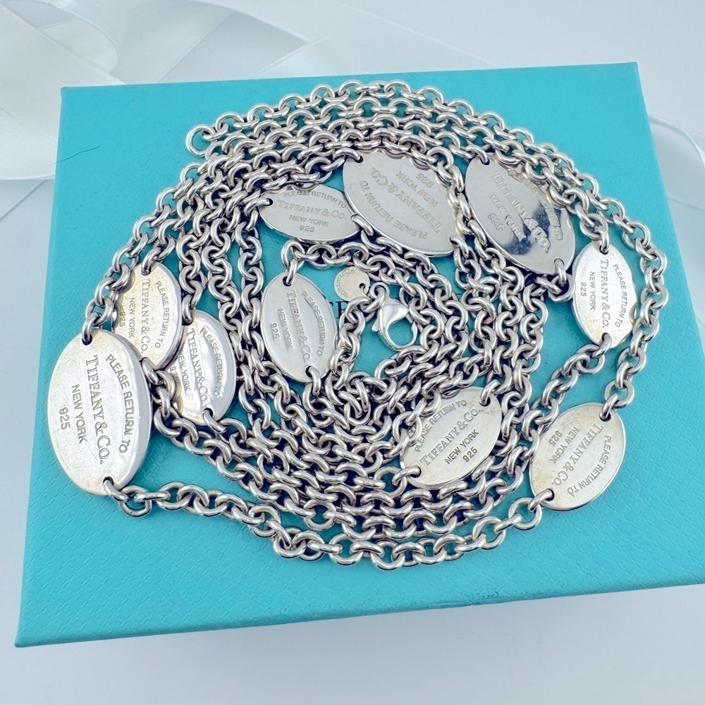 Tiffany & Co. Return to Tiffany Oval Tag Station Necklace Sterling Silver 55in